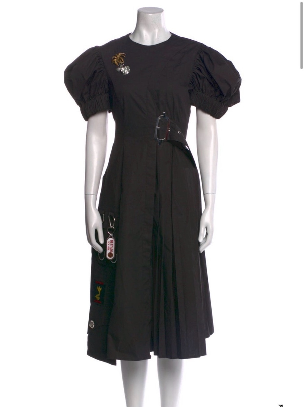 Structured Black Puff-Sleeve Midi Dress with Side Belt